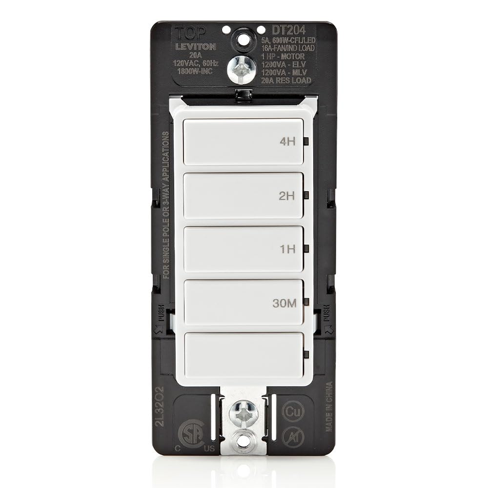Leviton Countdown Switch for lights, attic, heaters, pool pumps, 30 min, 1-2-4 hour, Neutral Wire Required, 20A, 1 HP/16A Fan/Motor, Single Pole, Multi-Way or Multi-Timer, DT204-1LW, White