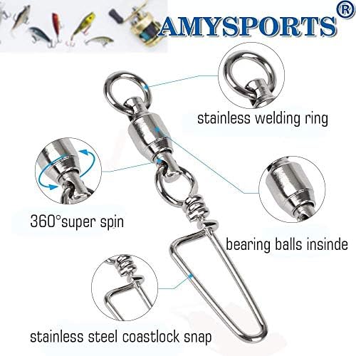 AMYSPORTS High Strength Fishing Snap Swivels Ball Bearing Swivels Stainless Fishing Swivels Saltwater Corrosion Resistance Barrel Swivel for Freshwater Fishing