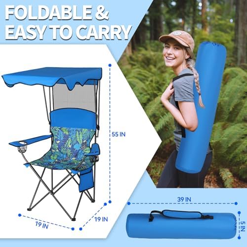 Camping Chair with Canopy, Chair with Cup Holders, Portable Camping Chairs with Carry Bag&Side Pocket, Beach Chair with Shade, Camp Chairs for Adult, Outdoor Folding Chair Support 330 LBS