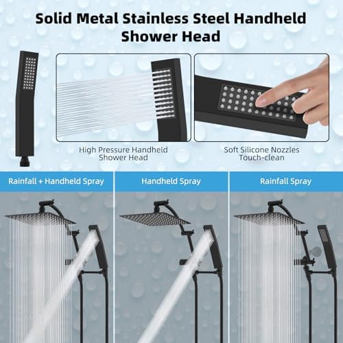 Hibbent All Metal 10'' Rainfall Shower Head, Dual Shower Head Combo, High Pressure Handheld Shower Wand, 16'' Adjustable Arc-shaped Shower Extension Arm, 71'' Hose, Showerhead Holder, Matte Black