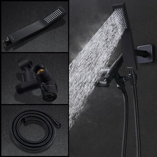 G-Promise All Metal 8 Inch Dual Square Shower Head with Handheld Combo, Rain Shower Head, Adjustable Extension Arm, Smooth 3-Way Diverter, 71 Inch Extra Long Hose - A Bathroom Upgrade (Matte Black)