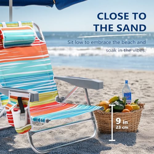5-Position Aluminum Lay Flat Backpack Beach Chair, Compact Portable Low Beach Chairs for Adults with Cooler Pouch, Storage Pouch, Towel Bar, Cup Holder & Phone Holder, Multicolor Stripe