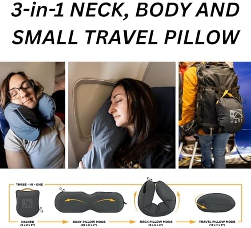 HEST Pro Travel Pillow - 3-in-1 Neck, Body, and Small Travel Pillow - Portable and Compact Design - Memory Foam with Washable Cover - Ready for Adventure
