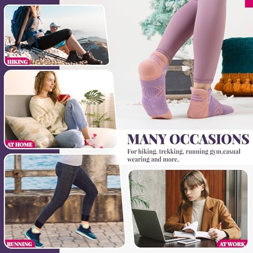 Velice Merino Wool Ankle Hiking Running Socks for Women Compression Support Thick Athletic Cushion Breathable No Show Socks 6 Pairs