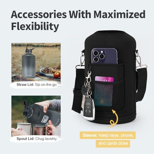 One Gallon Water Bottle Insulated with DIY Stickers, Triple Wall Vacuum Cold for 48 Hrs Leak-proof Non-BPA, 128oz Large Sports Stainless Steel Water Jug with Paracord Handle Straw Spout Lids