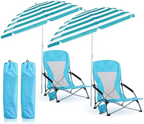Huwena 2 Pack Beach Chair for Adult with 2 Umbrella Low Folding Chair Detachable Adjustable Lightweight with Armrests Cup Holder Carry Bag Portable for Sand Camping Travel Outdoor Pool (Blue)