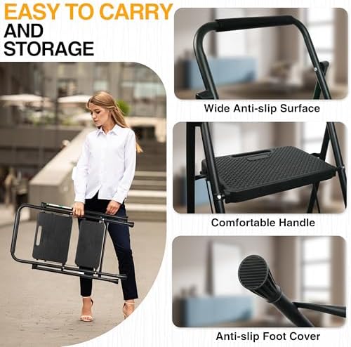 2 Step Ladder, Portable Steel Folding Step Stool with Wide Anti-Slip Pedal & Convenient Handgrip, 500lbs Sturdy Steel Ladder, Black