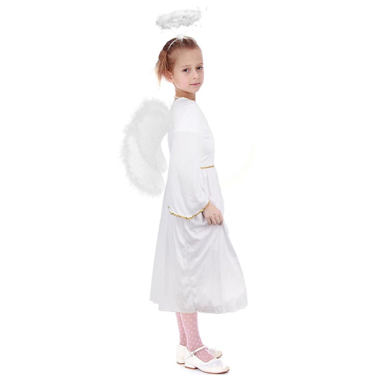 DERAYEE Angel Costume for Kids, Heavenly White Angelic Gown with Wings Headband for Girls Christmas Holiday Dress Cosplay Party