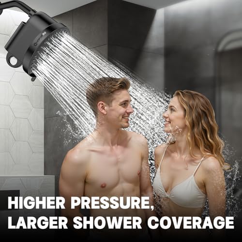 High Flow Filtered Shower Head, HOPOPRO 5 Modes High Pressure Fixed Showerhead with Filter, 2-In-1 Shower Head Filter for Hard Water, Remove 99% Chlorine, Improves Skin Hair Condition (6 Inch Black)