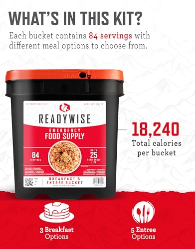 READYWISE 84-Serving Breakfast & Entrée Emergency Food Bucket, Premade Freeze Dried Meals for Camping, Hiking, 25 Year Shelf Life