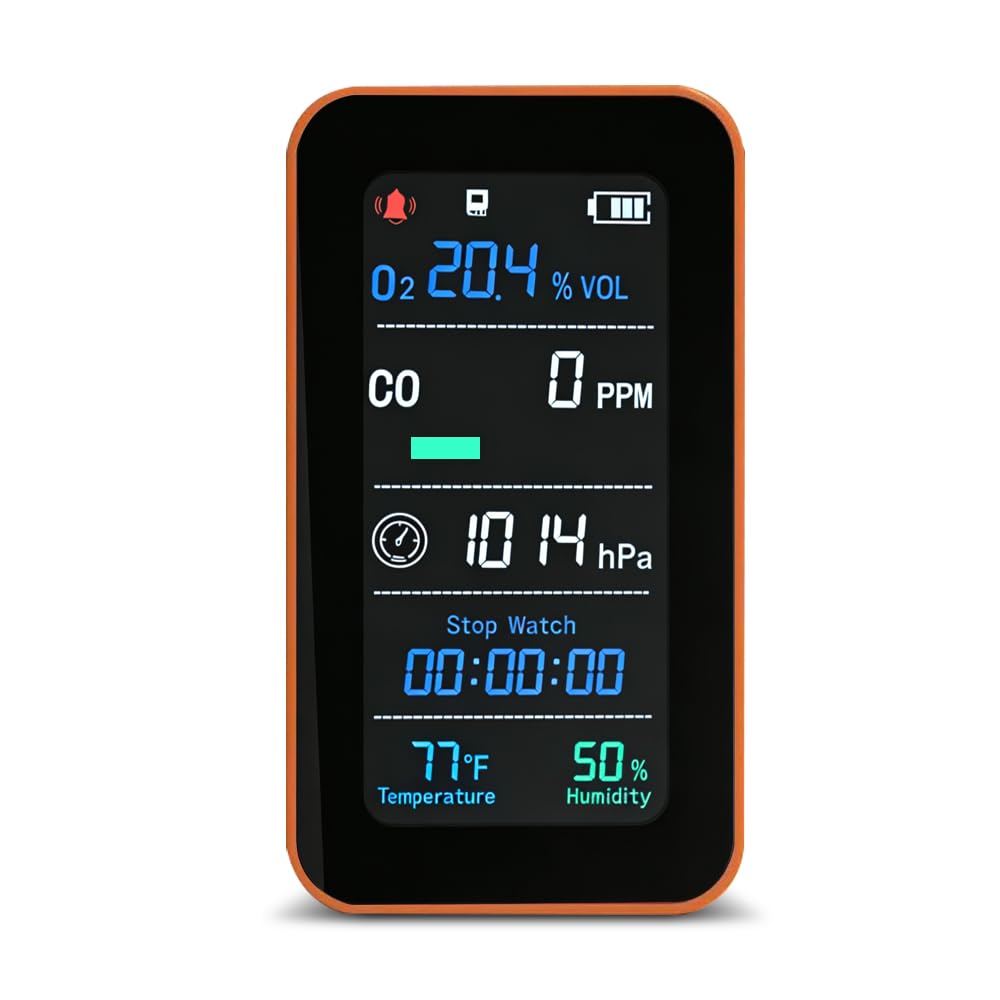 GZAIR 7-in-1 Portable Multi-Gas & Environmental Detector, O2/CO Monitor with Air Pressure, Temperature & Humidity Sensors, 3000mAh Rechargeable Device with SD Data Logging, Flashlight & Stopwatch