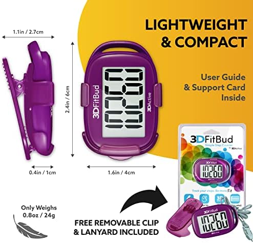 3DFitBud Simple Step Counter Walking 3D Pedometer from 3DActive with Clip & Lanyard - A420S