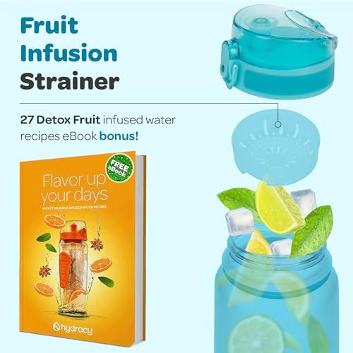 Hydracy Water Bottle with Time Marker -Large BPA Free Water Bottle & No Sweat Sleeve -Leak Proof Gym Bottle with Fruit Infuser Strainer & Times to Drink -Ideal for Fitness Sports & Outdoors