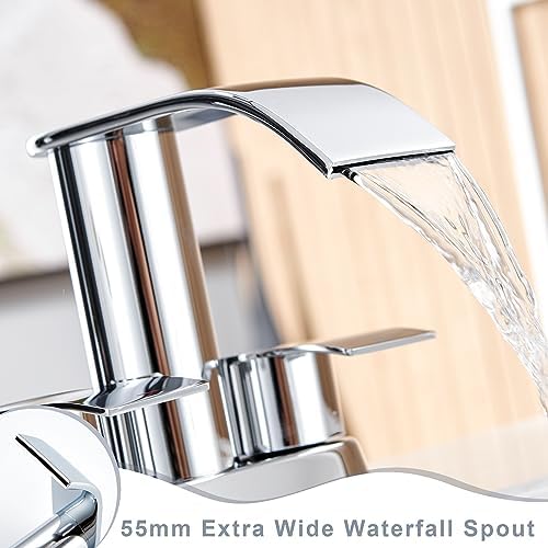 Ultimate Unicorn waterfall faucet chrome for bathroom sink, wide mouth spout with two handles waterfall, sink vanity faucet, single hole or 3 basin lavatory mode (DJS-MP-SB-PB-C)