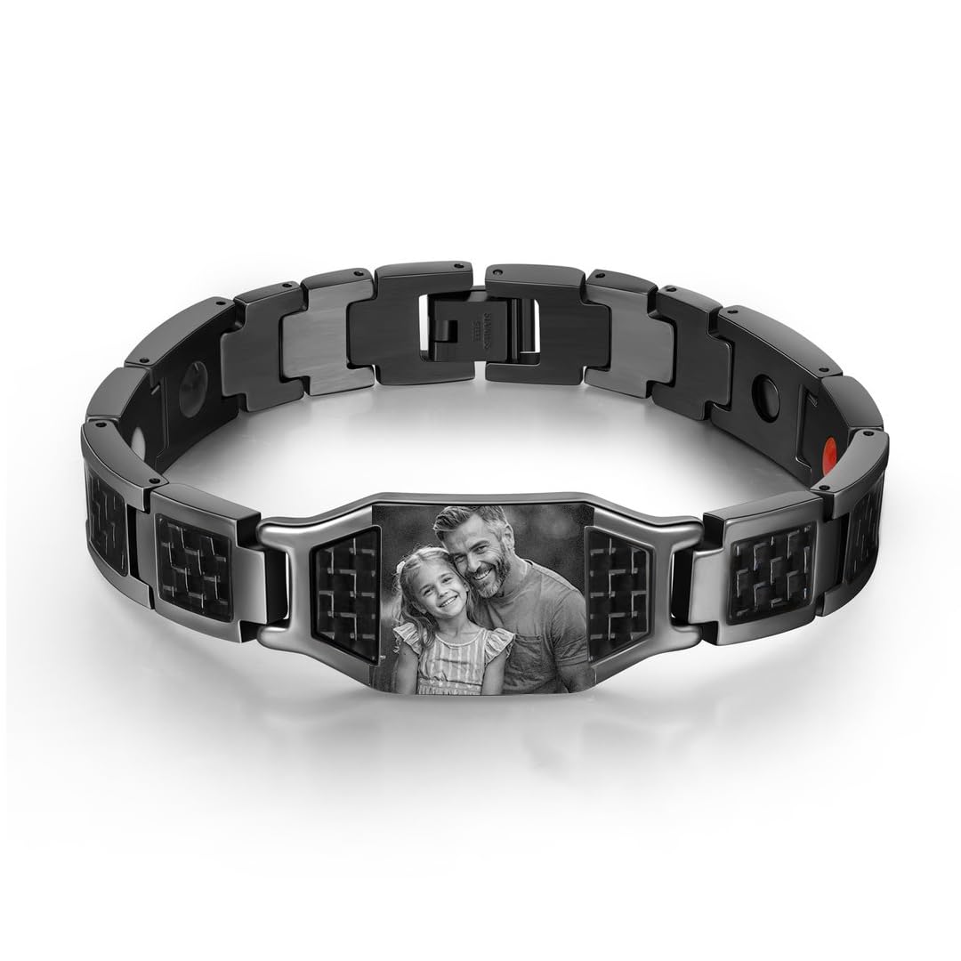 Luxladis Personalized Photo Bracelet for Men Customized Picture Bracelet Gift for Dad Husband Brother Fathers Day (Black)