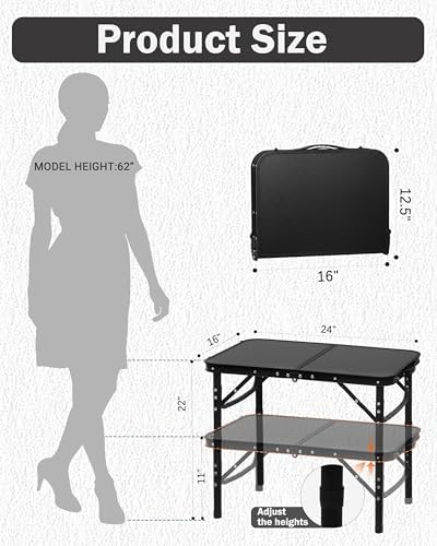 LOFTEY 2024 Reinforced Small Folding Table Portable, Small Foldable Camping Table, Heavy-Duty Mini Folding | Adjustable Height | Lightweight Premium Aluminum with Handle | Black 25"x16.2"x22"