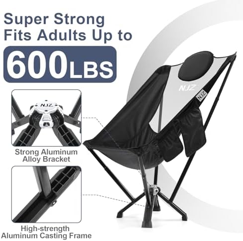 High Back Camping Chair - 600 LBS Capacity Oversized Camping Chair with Comfortable Backrest & Headrest, Quick Setup - Compact Folding Chair for Indoor/Outdoor Use - Black