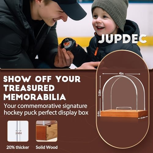 JupDec Hockey Puck and Collectibles Display Case, Premium Acrylic Clear Box Puck Holder with Mahogany Wood Base, Showcase for Autographed Souvenir Memorabilia, Collectible Figure Stand