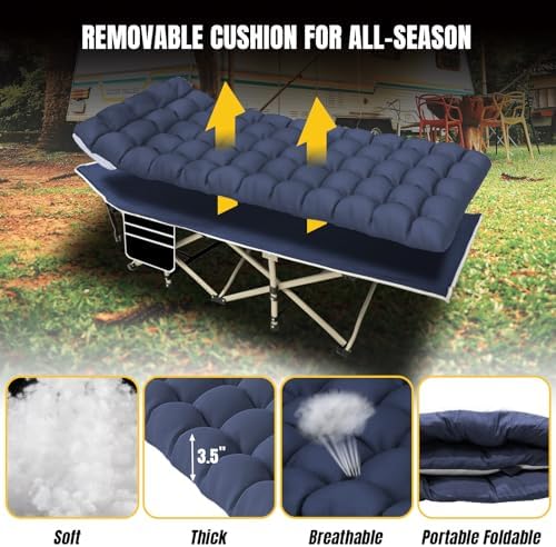 YELLOW JACKET Folding Camping Cot for Adults,600LBS Max Load,28" Wide Sleeping Cot with Removable Thick Mattress Portable Foldable Camping Bed with Carry Bag for Camp,Home,Office,Travel,Blue