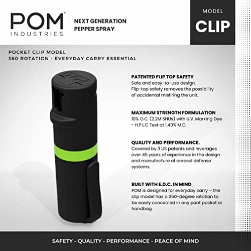 POM Pepper Spray Pocket Clip, Quick Flip Top Safety, Maximum Strength OC Formula with UV Marking Dye, Safe Compact and Tactical Design for Everyday Carry, 25 Bursts, 10 ft Range, 0.5 fl oz