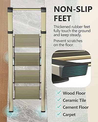 WOA WOA 4 Step Ladder, Ladders for Home, Anti-Slip Pedals, Aluminum Step Stool Foldable, Lightweight to Move, Ease of Storage, Reach 9ft for Closet Kitchen Library, Hold 300lbs - Gold