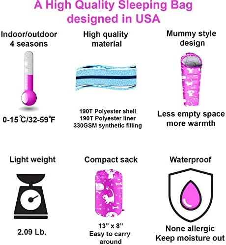 KidzAdventure Mummy Style 32 – 59F Kids Sleeping Bag with Pillow Sleeve, 4 Season, Lightweight and Backpacking Style, Ideal for Camping, Sleepover, Boys, Girls, Youth and Toddlers