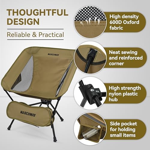 MARCHWAY Lightweight Folding Camping Chair, Stable Portable Compact for Outdoor Camp, Travel, Beach, Picnic, Festival, Hiking, Backpacking, Supports 330Lbs (Khaki)