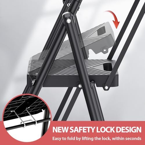 KINGRACK Folding 5 Step Ladder, Portable Ladder for Multi-Purpose, Home, Kitchen, Heavy Sturdy Steel Step Stool with Anti-Slip Wide Pedals, Handrail, Safe-Lock Design, Pass 500lbs Load Testing, Black