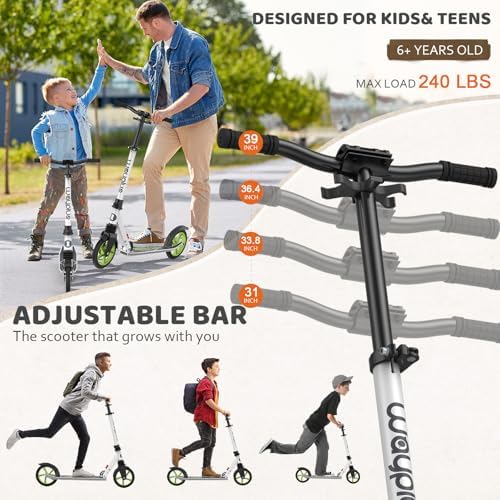 Kick Scooter for Ages 6+,Kid, Teens & Adults. Max Load 240 LBS. Foldable, Lightweight, 8IN Big Wheels for Kids, Teen and Adults, 4 Adjustable Levels. Bearing ABEC9