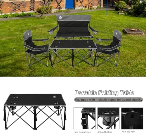 Folding Camping Chair Set of 4, Portable Collapsible Conversation Set w/1 Sofa, 2 Single Chairs, 1 Table for Family Patio, Outdoor Travel,Beach(Black)