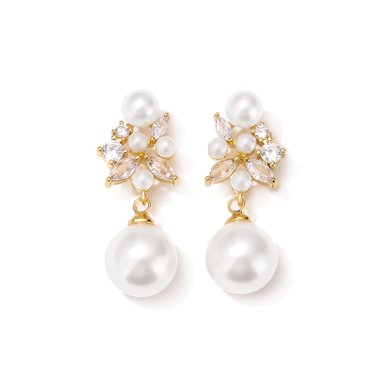 LEMOXIVI Gold Plated Pearl Drop Dangle Earrings for Women, Pearl Wedding Earrings for Brides Dangling, CZ Bridal Earrings for Wedding Bridesmaids, Prom Jewelry Gifts, Style3-Gold