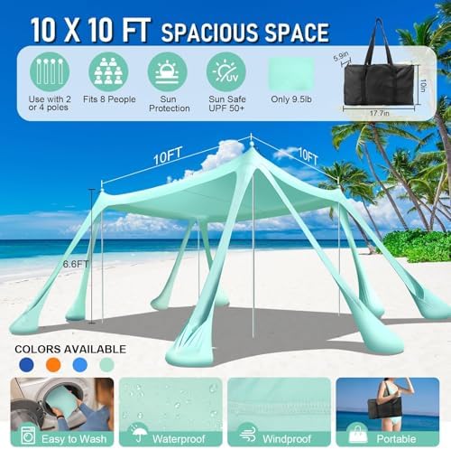 Beach Tent Sun Shelter Beach Canopy Tent Sun Shade Pop Up 10x10 UPF50+ with 8 Sandbags-2 Sand Shovel-Portable 4 Aluminum Poles-Ground Pegs-Easy Setup for Outdoor Family Camping Fishing Picnic