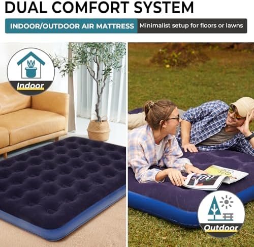 FUNDANGO Queen Camping Cot, 2 Person Folding Airbed Mattress, Double Camp Bed with 2 Cup Holders, Removeable Cover for Adults Outdoor Travel,Carry Bag Included (Grey)