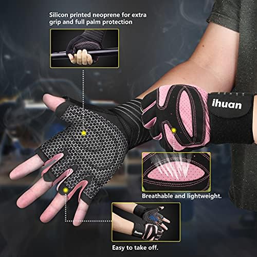 ihuan Ventilated Weight Lifting Gym Workout Gloves with Wrist Wrap Support for Men & Women, Full Palm Protection, for Weightlifting, Training, Fitness, Hanging, Pull ups
