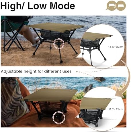 OneTigris Dipper Camping Table, Lightweight Portable Folding Table with Mesh Storage Net, High/Low Options, Ideal for Camping, Hiking, Tailgating, Beach, Picnic, Travel, Backyard