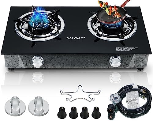 Propane Stove 2 Burner Gas Stove Auto Ignition 26000 BTU Tempered Glass Propane Burner LPG with CSA Hose for Outdoor Cooking, Emergency