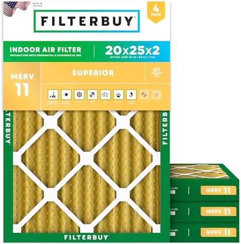 Filterbuy 20x25x2 Air Filter MERV 11 Allergen Defense (4-Pack), Pleated HVAC AC Furnace Air Filters Replacement (Actual Size: 19.50 x 24.50 x 1.75 Inches)