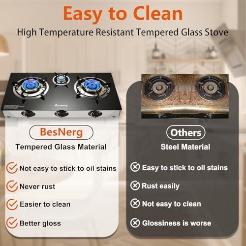 Propane Stove 3 Burner Gas Stove, 34000 BTU High-Efficiency Auto Ignition Tempered Glass LPG Cooktop with CSA Regulator and Hose – for Outdoor Camping, RV, and Emergency Cooking