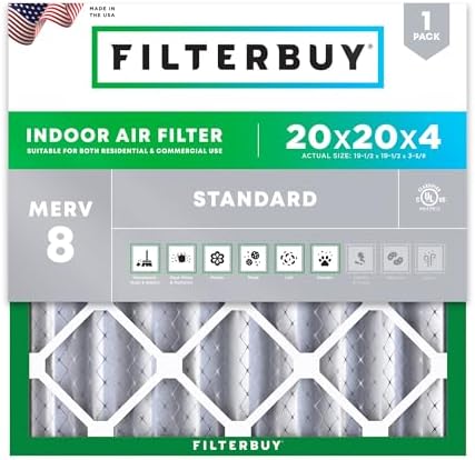 Filterbuy 20x20x4 Air Filter MERV 8 Dust Defense (1-Pack), Pleated HVAC AC Furnace Air Filters Replacement (Actual Size: 19.50 x 19.50 x 3.63 Inches)