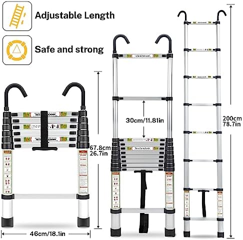 Telescopic Ladder, 6.5FT RIKADE Aluminum Telescoping Ladder with Non-Slip Feet and Stable Hook, Portable Extension Ladder for Household and Outdoor Working, 330lb Capacity