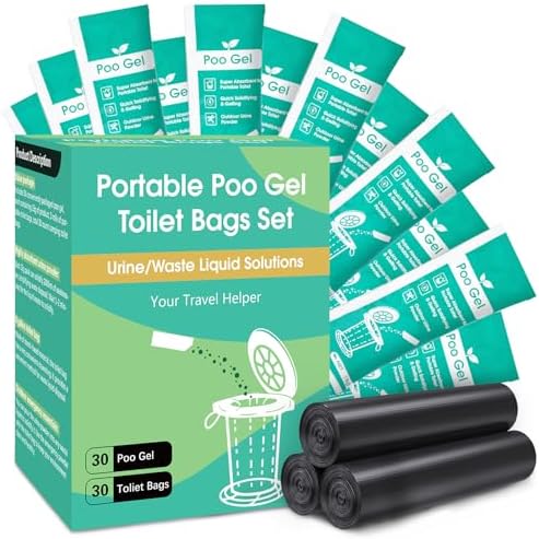 30 Portable Toilet Bags Poo Gel Set, 8 Gallon Camping Toilet Bags with Portable Absorbent Toilet Gel, Urine Powder with Potty Trash Waste Bags for Outdoor Camping, Traveling, Emergency