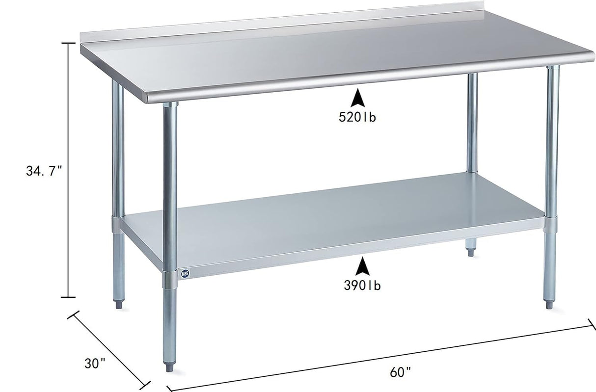 ROCKPOINT Stainless Steel Table for Prep & Work with Backsplash 30x60 Inches, NSF Metal Commercial Kitchen Heavy Duty Table with Adjustable Under Shelf and Table Foot for Restaurant, Home and Hotel