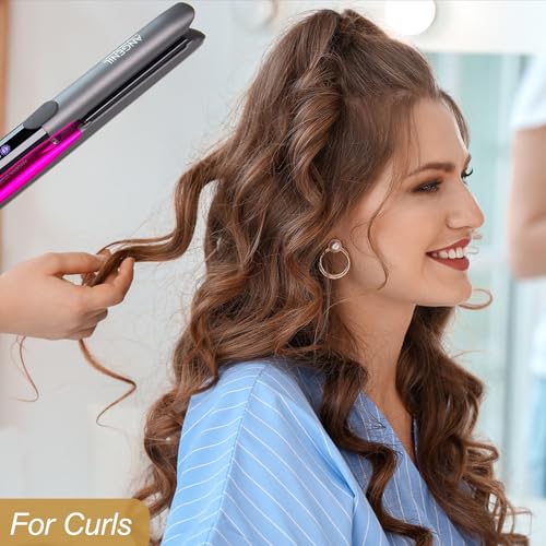 ANGENIL Pro Titanium Flat Iron Hair Straightener and Curler 2 in 1, Dual Voltage - Hair Straightening Ceramic Flat Iron 1-inch with Anti-Scald Heat Resistant Silicone Mat Facial Cleansing Brushes, Lcd