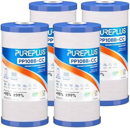 PUREPLUS 5 Micron 10" x 4.5" Whole House FXHTC Sediment and Carbon Water Filter Replacement Cartridge for GXWH40L, GXWH35F, GNWH38S, RFC-BBSA, WRC25HD, PP10BB-CC, RFC-BB, WFHD13001, 4Pack