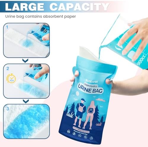 Disposable Urine Bags,900ML Pee Bags for Travel for Women/Men with Big Funnel,Leak-Proof Emergency Portable Travel Urinal and Vomit Bags for Travel,Car,Camping,Traffic,Pregnant, Patient, Kids