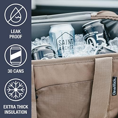 CleverMade Collapsible Insulated Cooler Bag – 30 Can Leakproof Soft Cooler for Beach, Travel, Car – Shoulder Strap, Bottle Opener – Ocean