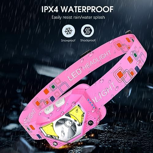 LHKNL Headlamp Flashlight, 1200 High Lumen Bright LED Rechargeable Headlight with White Red Light, 2-Pack Waterproof Motion Sensor Head Lamp, 8 Mode for Camping Running Hiking Fishing Gear- Pink