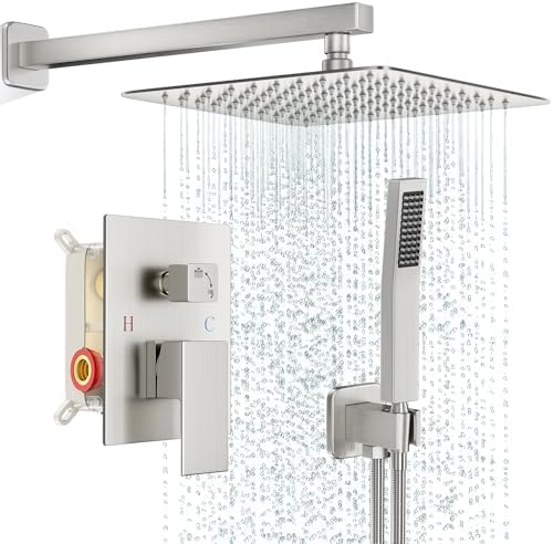 Shower Faucet Set Bathroom Square Rain Shower Head and Handle Set, Wall Mounted Shower Fixtures, Full Metal Trim Repair Kit 10 inch Brushed Nickel (With Shower Valve)