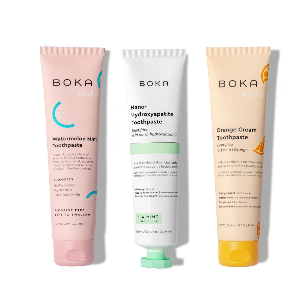 Boka Fluoride Free Toothpaste Nano Hydroxyapatite Toothpaste - Ela Mint, Orange Cream, Watermelon Mint Flavor, 4 oz 3Pk US Manufactured