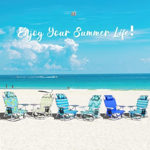Portable Beach Chair for Adults, Outdoor Lightweight Camping Chair Lay Flat Folding Backpack Beach Reclining Chair with 4 Positions, Headrest, Cooler Pouch, Cup Holder